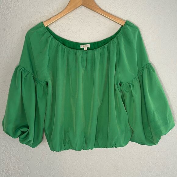 Flying Tomato Kelly Green Crop Top Balloon Sleeves Puff Vacation Preppy Resort - Picture 1 of 7